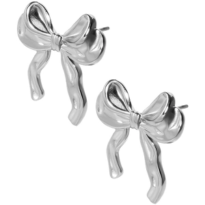 Detailed close-up of pair of silver bow-shaped earrings in polished 304 stainless steel