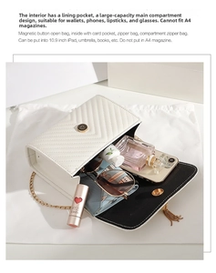 Internal view of a white quilted chain bag showing its capacity for an iPad and essentials