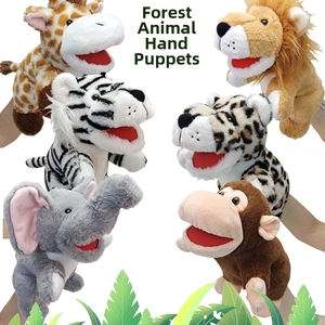 Detail of forest animal plush hand puppets including lion, giraffe, and elephant figures