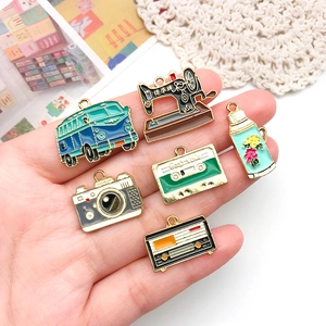 6pcs vintage alloy enamel charms set featuring retro bus, sewing machine, and camera