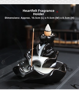 Detail of black ceramic backflow incense burner showing dimensions 10.5x9.5x8.5cm