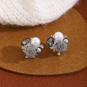 French vintage silver needle stud earrings with pearls and crystal roses jewelry