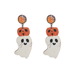 Halloween Holzohrringe mit orangefarbenem Kürbis und süßem weißen Geisteranhänger