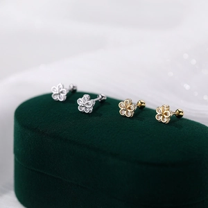 S925 Sterling Silver Flower Stud Earrings Small Minimalist Screw Back Earrings Rhinestone Inlaid Fashion Jewelry For Women