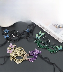 Detailed view of Venetian lace masks with rhinestones and colorful butterfly accents