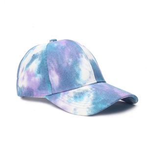 Tie-dye baseball cap in blue and purple, stylish sun hat for women with artistic graffiti