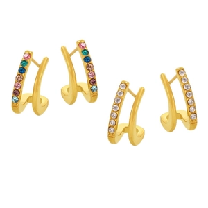Double-layered gold-plated C-shaped earrings with colorful and clear crystals in high polish