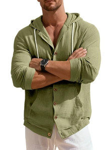 Detailed texture of olive green cotton linen hoodie shirt with button closure and drawstring