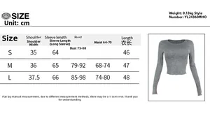 Size chart table for minimalist long sleeve casual top showing S, M, L measurements in cm