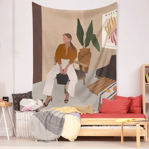 Detail of bohemian tapestry featuring abstract Matisse style woman in warm beige and orange