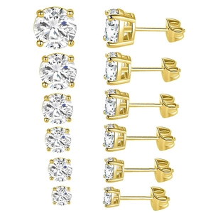 6-pair set of gold four-claw round zircon stud earrings in various sizes on white backdrop