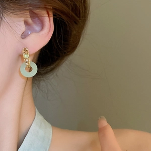 Elegant Chinese style gold plated earrings with green jade-like circle and zircon stones