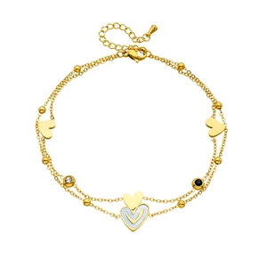 Double-layered gold-plated anklet with white enamel heart and sparkling round gemstones