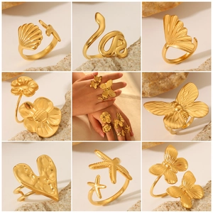 Vintage Stainless Steel Adjustable Open Rings For Women Butterfly Snake Heart Starfish Shell Jewelry Non Tarnish