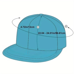 Blue flat brim snapback baseball cap with size dimensions 12cm height and 56-61cm circumference