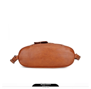 Detailed bottom view of brown faux leather shoulder bag with reinforced stitching