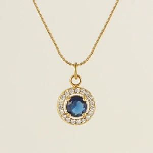 18K gold plated double layer necklace with a round blue gemstone and zircon halo