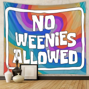 Detail of bohemian tapestry with colorful waves and No Weenies Allowed slogan text
