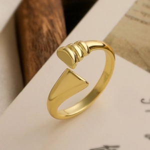 Minimalist 18K gold plated geometric open ring with asymmetric semi-circle and triangle ends