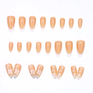 Long almond press-on nails with white French tips, pearls, butterflies and silver glitter