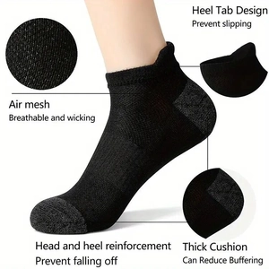 Detail view of breathable black sports socks with mesh vents and cushioned sole support