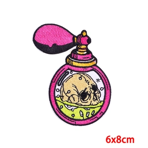 Pink perfume bottle embroidered patch with skull design for DIY jacket decoration, 6x8cm