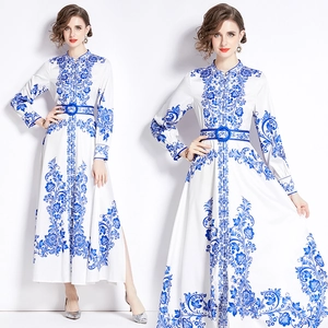 Elegante Abito Lungo Da Donna Stampa Porcellana Blu E Bianca Maniche Lunghe Con Cintura Collo Alto Monopetto Stile Vintage
