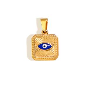 Macro view of gold square evil eye pendant with blue inlay and textured border