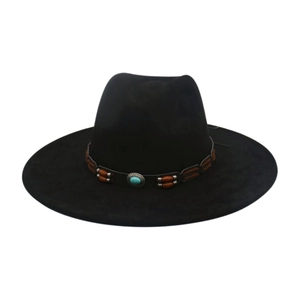 Western black felt cowboy hat with ethnic beads and turquoise stone on a white background