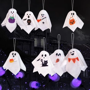 Set of 8 cute Halloween hanging ghost decorations with banners and spooky props