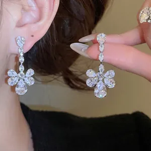 Elegant zircon flower drop earrings with pear-cut crystals and silver-tone finish