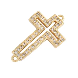 Cross charm connector with micro-paved cubic zirconia, measuring 21mm by 12mm