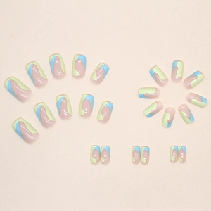 Blue and green abstract wave pattern on nude square-oval press-on artificial nails