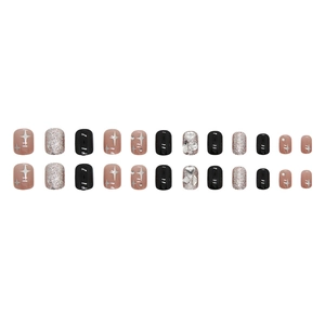 Short square press-on nails with black pink colors and silver star glitter designs