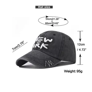Size chart showing circumference, brim length, and height for the New York baseball cap