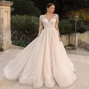 Elegant Lace Tulle Wedding Dress Long Sleeves Perspective Sexy Deep V Neck A Line Bridal Gown With Long Train For Women