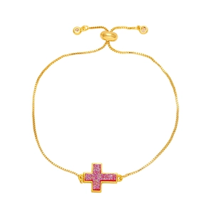 Adjustable gold plated cross bracelet with shimmering pink glitter inlay and box chain