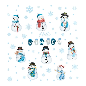 Kerst raamstickers set met sneeuwpop en blauwe sneeuwvlokken voor winter decoratie