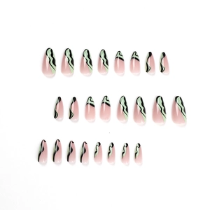 Faux ongles amande avec design ondulé noir et vert lot de 24 press-on base nude