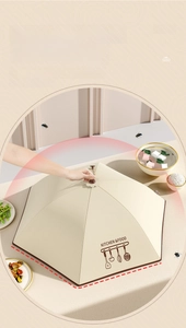Foldable beige kitchen food cover with suction seal and insect protection detail
