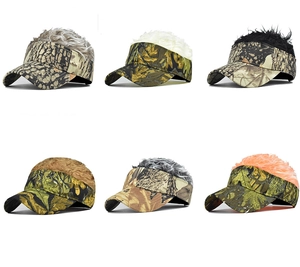 Detail view of camouflage baseball hats with colorful synthetic wig hair attachments