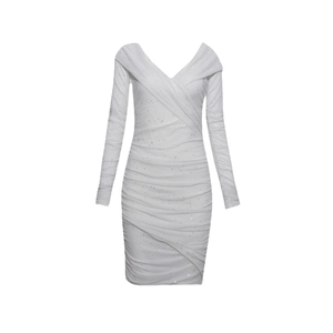 White long sleeve deep V-neck sequined bodycon mini dress with ruched detail and shimmer
