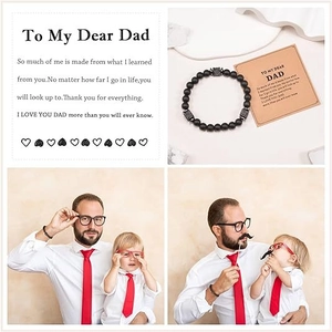 Men's black stone beaded bracelet with heartfelt father's card in four-grid gift display