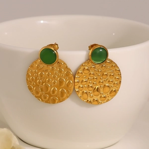 French vintage hammered gold round stud earrings with green cat eye stone in minimalist style