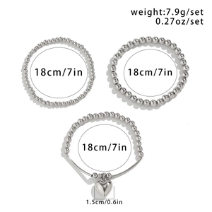 Three-piece silver bead bracelet set with heart pendant and size weight measurements
