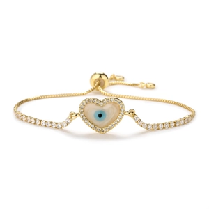 Gold plated heart evil eye bracelet with cubic zirconia and adjustable slider chain clasp