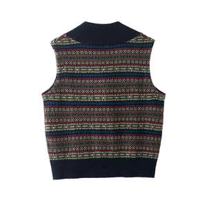 Vista posteriore del gilet vintage in maglia con strisce jacquard multicolore blu navy