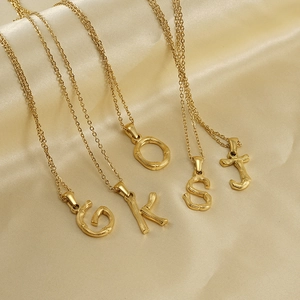 Bamboo Texture Alphabet Initial Pendant Necklace 18K Gold Plated Stainless Steel Retro Hip Hop Jewelry For Women