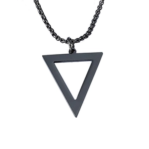 Minimalist black stainless steel triangle pendant necklace with box chain on white background