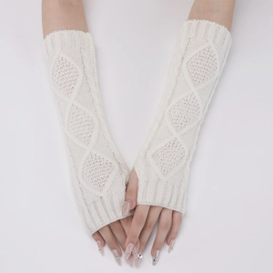 Detail view of white diamond knit pattern on long fingerless gloves arm warmers